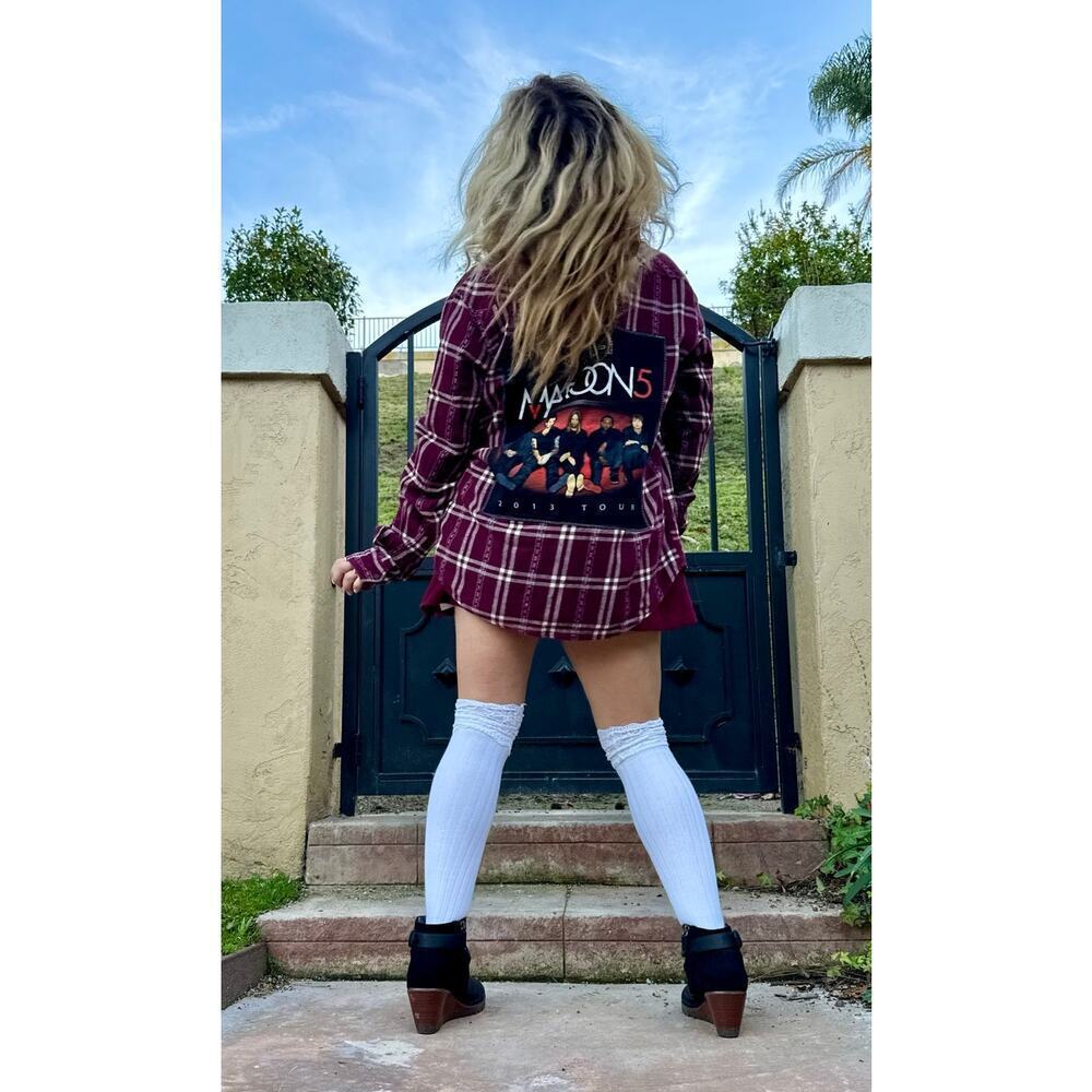 MAROON 5 Y2K Upcycled Retro Vintage Grunge Pop Rock Music Plaid Flannel Sz L/XL